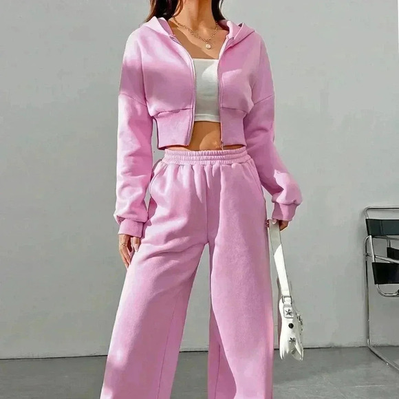 Pink Casual Women's Spring Zip Front Hooded Sweatshirt And Pants Two Piece Set - Picture 3 of 7
